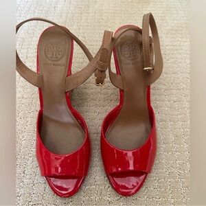 Tory Burch Red Patent Leather Open-Toe Slingback Sandals with Tan Straps